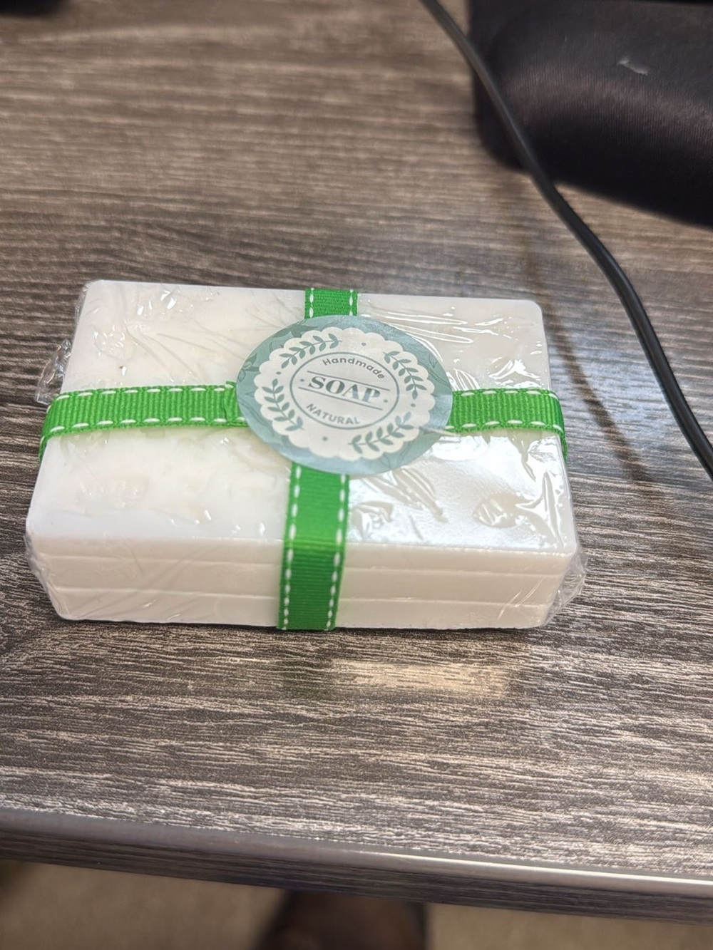 Handmade Natural Soap Bar - White with Green Ribbon